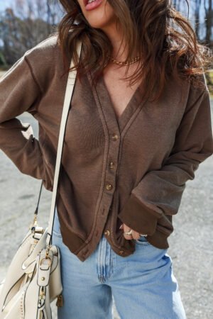 Coffee Button Front V Neck Casual Cardigan - Image 5