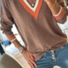Dark Khaki Contrast Striped Trim V Neck Varsity Sweater
