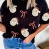 Black Sequin Christmas Bow Santa Claus Patched T Shirt