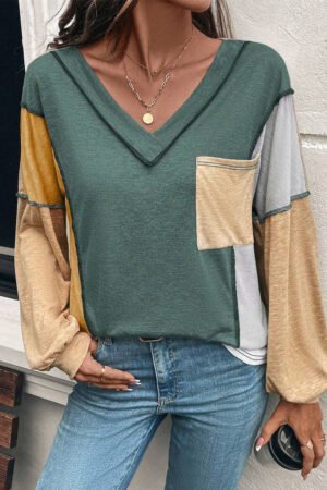 Four Leaf Clover Exposed Stitching Colorblock V Neck Long Sleeve Top - Image 4