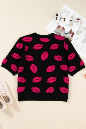 Black Rugby Print Casual Knit Short Sleeve Sweater - Image 3