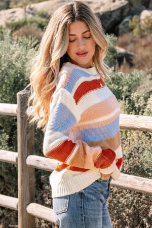 Pink Striped Colorblock Round Neck Drop Shoulder Sweater - Image 14