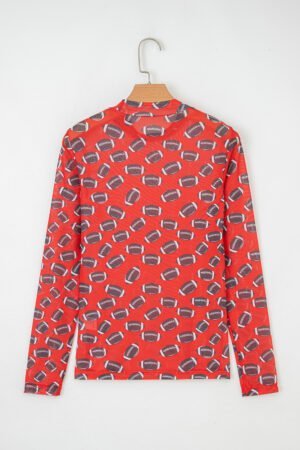 Red Game Day Rugby Mesh Sheer Long Sleeve Top - Image 5