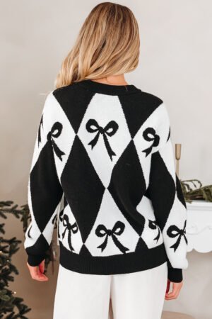 Alternative view of Black Bow Print 2-tone Rhombus Knit Loose Sweater
