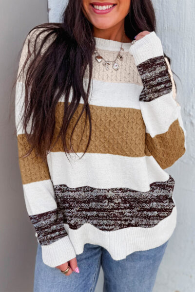 Brown Mixed Texture Knit Striped Color Block Loose Sweater