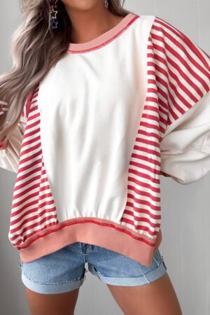 Red Stripe Colorblock Patchwork Contrast Stitching Oversize Sweatshirt - Image 5