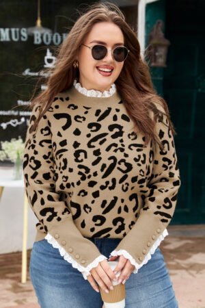 Brown Leopard Knitted Lacy Trim Cuffed Plus Size Sweater - Image 5