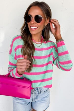 Green Stripe Round Neck Casual Sweater - Image 4