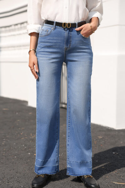Sail Blue Raw Hem Unique Cuffs Straight High Rise Loose Jeans