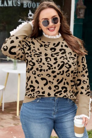 Brown Leopard Knitted Lacy Trim Cuffed Plus Size Sweater - Image 4