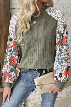 Laurel Green Floral Patchwork Long Sleeve Ribbed Blouse - Image 7