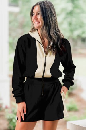 Black Two-tone Long Sleeve Zipped Front Casual Romper - Image 2