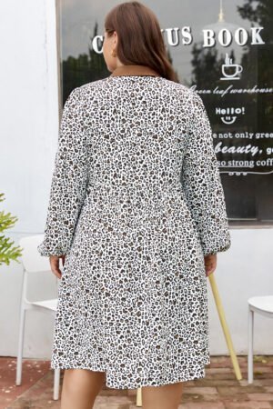 Khaki Plus Size Button V Neck Leopard Print Puff Sleeve Loose Mini Dress - Image 2