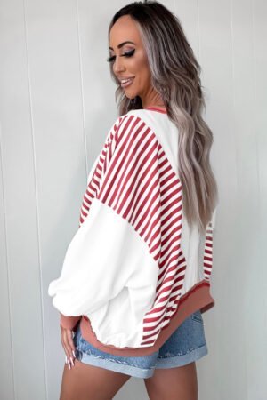 Red Stripe Colorblock Patchwork Contrast Stitching Oversize Sweatshirt - Image 6