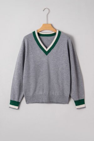 Gray Contrast Striped Trim V Neck Varsity Sweater - Image 7