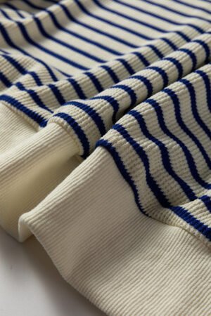 Blue Stripe Textured Elbow Patched Crew Neck Drop Shoulder Sweatshirt - Image 7