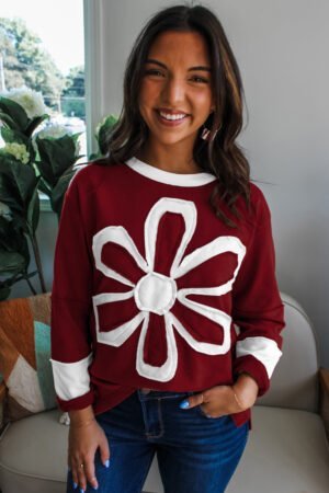 Red Dahlia Cheerful Daisy Flower Patched Round Neck Long Sleeve Top - Image 3