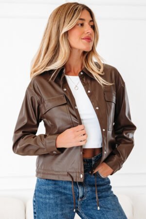 Chicory Coffee Double Flap Pocket Drawstring Hem Leather Jacket - Image 3