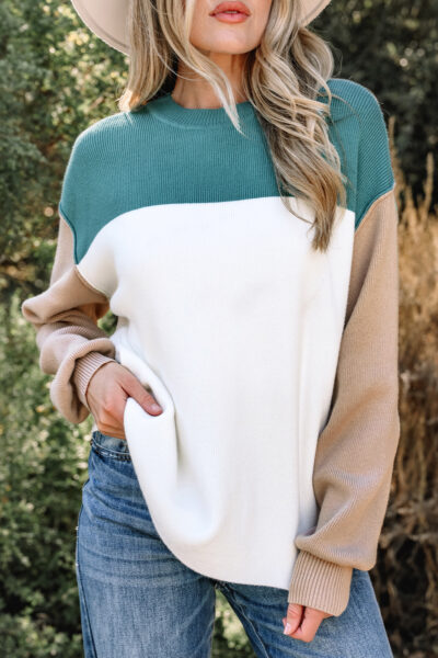 Green Color Block Plain Ribbed Knit Baggy Sweater