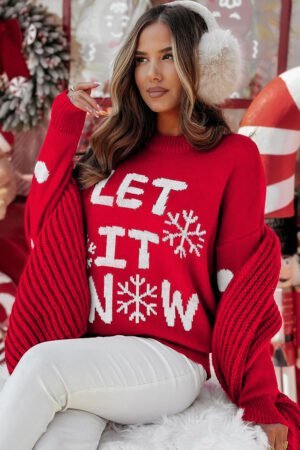 Red Dahlia LET IT SNOW Graphic Christmas Holiday Loose Sweater - Image 6