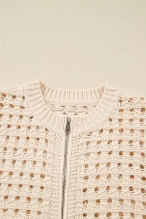 Beige Hollowed Pattern Knit Zip Up Drop Shoulder Sweater Cardigan - Image 13