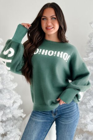 Blackish Green HO HO HO MERRY CHRISTMAS Drop Shoulder Loose Sweater - Image 3