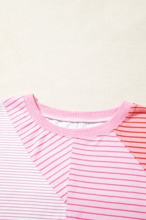 Sachet Pink Striped Colorblock Exposed Seam Casual Long Sleeve Top - Image 6