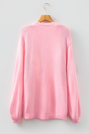Light Pink Christmas Tree Print Open Front Drop Shoulder Midi Cardigan - Image 7