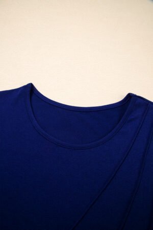 Navy Blue Asymmetric Seam Detail Solid Color Long Sleeve Top - Image 7