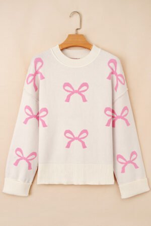 Pink Bow Print Ribbed Trim Exposed Seam Drop Shoulder Loose Sweater - Image 5