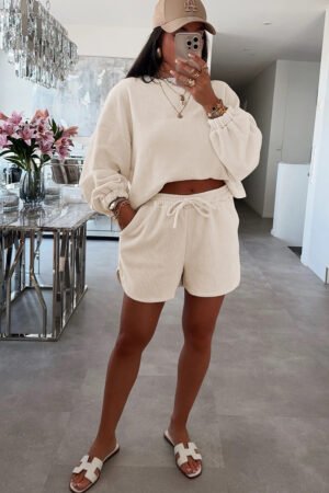 Alternative view of Jet Stream Solid Color Textured Knit Drop Shoulder Pullover Drawstring Shorts Set