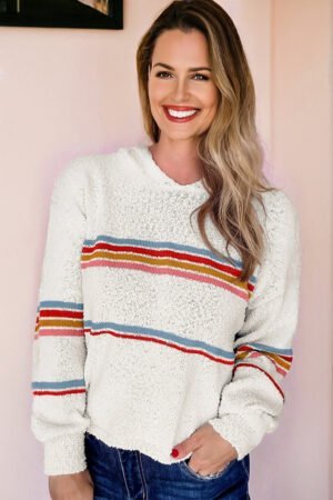 White Multicolored Striped Accent Hooded Popcorn Sweater - Image 3