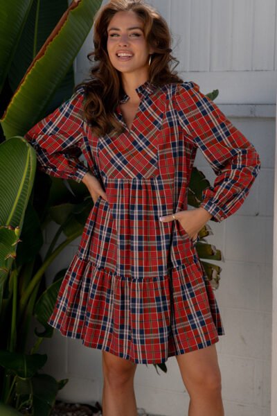 Red Plaid Print Frilly Collar Long Sleeve Shift Mini Dress