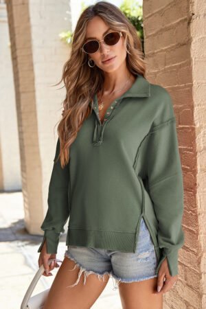 Moss Green Buttoned Collared Raw Detail High Low Baggy Sweatshirt with Slits - Image 3