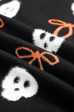 Black Short Puff Sleeve Bow Knot Plush Skeleton Halloween Sweater - Image 10