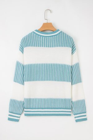 Light Blue Two Tone Striped Patchwork Drop Shoulder Loose Sweater - Image 8