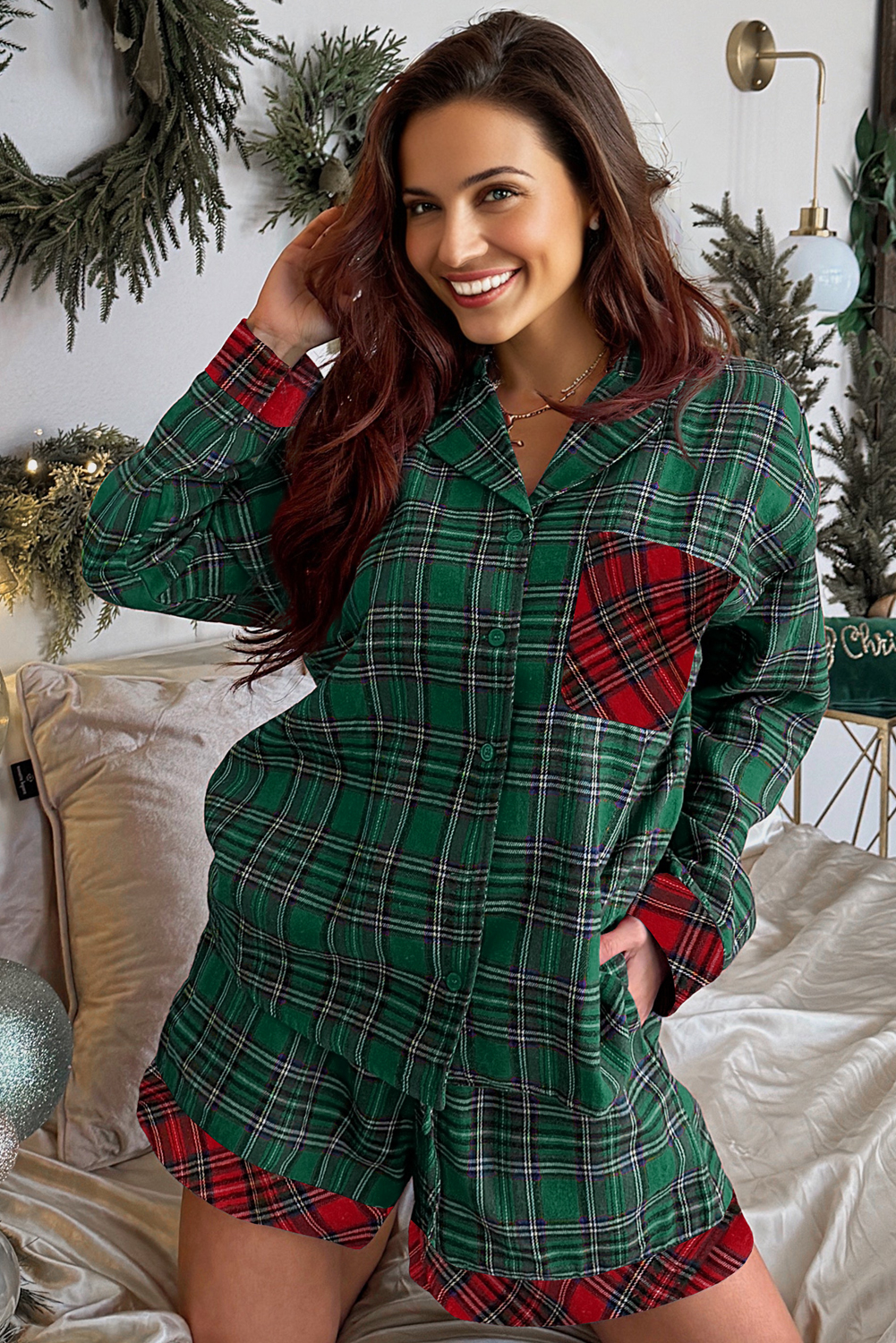 Green Plaid Contrast Patched Christmas Holiday Long Sleeve Shirt and Short 2pcs Pajama Set Green Plaid Contrast Patched Christmas Holiday Long Sleeve Shirt and Short 2pcs Pajama Set