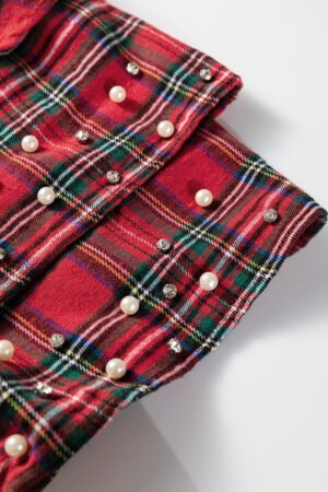 Red Festive Plaid Pearl Embellished Ruffle Short Sleeve Blouse - Image 7