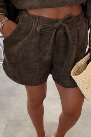Alternative view of Dark Brown Solid Color Textured Knit Drop Shoulder Pullover Drawstring Shorts Set