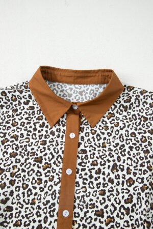 Khaki Plus Size Button V Neck Leopard Print Puff Sleeve Loose Mini Dress - Image 12