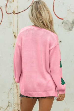Light Pink Christmas Tree Print Open Front Drop Shoulder Midi Cardigan - Image 2