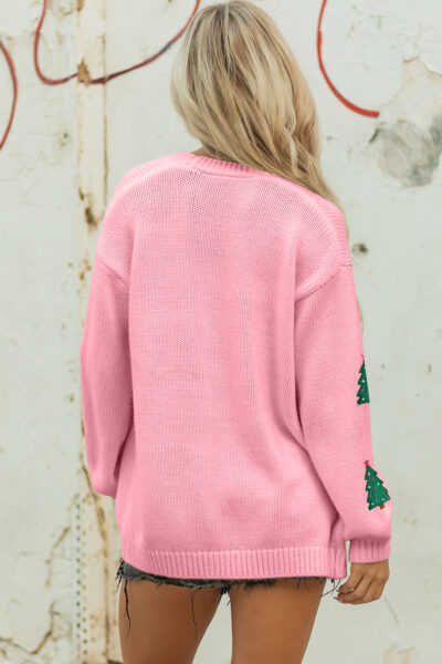 Light Pink Christmas Tree Print Open Front Drop Shoulder Midi Cardigan