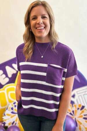 Purple Stripe Raw Edge Patched Pocket Short Sleeve Knit Sweater - Image 3