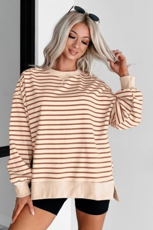 Khaki Stripe Ribbed Band Seam Detail Baggy Sweatshirt - Image 3