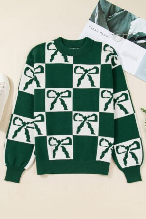 Blackish Green Checkered Bow Print Casual Sweater - Image 3