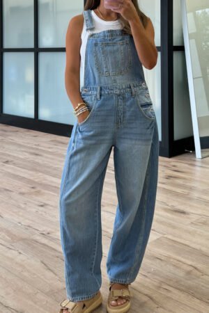 Dusk Blue Adjustable Buckle Barrel Denim Overalls - Image 3