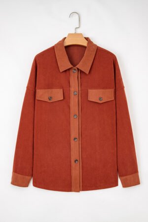 Gold Flame Velvet Flap Pockets Drop Shoulder Casual Shacket