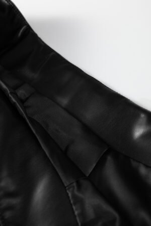 Black Faux Leather Retro Buckle Detail Pleated Stitch Flared Midi Skirt - Image 13