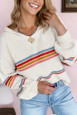 White Multicolored Striped Accent Hooded Popcorn Sweater - Image 2