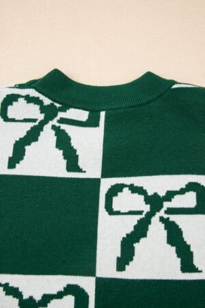 Blackish Green Checkered Bow Print Casual Sweater - Image 8